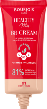 Bourjois Healthy Mix BB Cream 01 Ivory, beżowo-czerwona tuba, wegańska formuła dla promiennej cery, widok z przodu.
