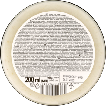 Peeling cukrowo-solny Green Pharmacy, widok na spód opakowania 200 ml z etykietą informacyjną i kodem.