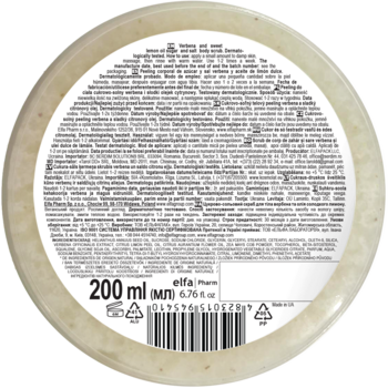 Peeling cukrowo-solny Green Pharmacy, tył okrągłego opakowania z etykietą, kodem kreskowym i pojemnością 200 ml.