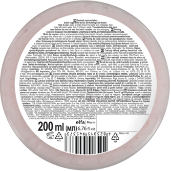 Tył okrągłego opakowania peelingu cukrowo-solnego Green Pharmacy 200ml z różą damasceńską, gęsty tekst.