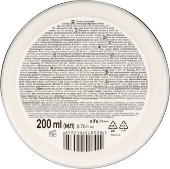 Masło do ciała Green Pharmacy kurkuma dynia, 200ml, tył okrągłego, białego opakowania z etykietą i kodem kreskowym.