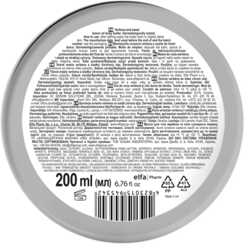 Spód okrągłego masła do ciała Green Pharmacy z werbeną i cytryną, 200ml, z informacjami i kodem.