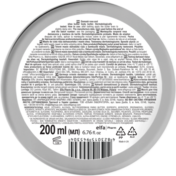 Spód masła do ciała Green Pharmacy z różą i shea. Okrągła, srebrna etykieta z tekstem informacyjnym i kodem kreskowym.