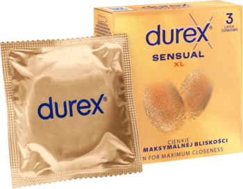 Widok złotego opakowania Durex Sensual XL, cienkich prezerwatyw, obok jedna sztuka w folii. Idealne dla bliskości.