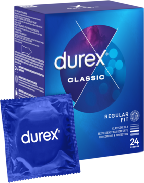 Niebieskie opakowanie prezerwatyw Durex Classic 24 szt. Regular Fit, z przodu pojedyncza prezerwatywa.
