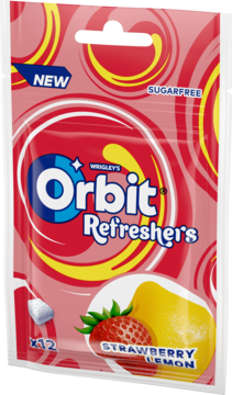 Orbit Refreshers bezcukrowa guma truskawkowo-cytrynowa w różowej saszetce z owocami, widok z przodu.