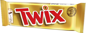 Złoty baton czekoladowy Twix z czerwonym napisem i logo, widok z przodu, przedstawiający opakowanie.