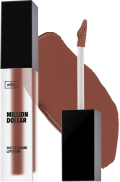 Matowa pomadka w płynie Wibo Million Dollar nr 12, brązowy odcień, w prostokątnej tubie, obok swatch i aplikator.