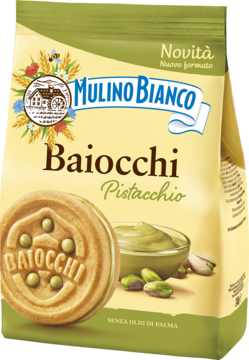 Mulino Bianco Baiocchi Pistacchio: opakowanie zielono-beżowe, ciastka z kremem i orzechami pistacjowymi, widok z przodu.