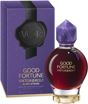 Perfumy Good Fortune Elixir Intense Viktor&Rolf: ciemnoczerwona butelka z fioletową nakrętką obok purpurowego pudełka.