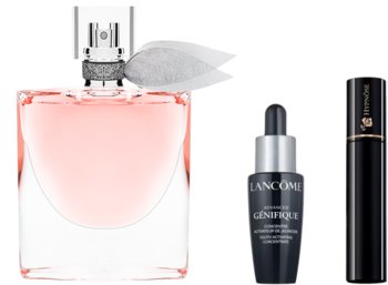 Zestaw Lancôme: perfumy La Vie Est Belle w różowej butelce, serum Advanced Génifique i tusz do rzęs Hypnôse.