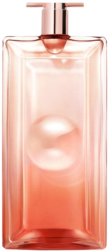 Lancome Idole Now perfumy: smukła butelka z różowo-złotą nakrętką, jasnoróżowym płynem i okrągłym wcięciem, widok z przodu.