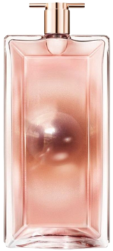 Lancome Idôle Aura, różowo-złota butelka wody perfumowanej. Smukły kształt, metaliczna pompka, widok z przodu.