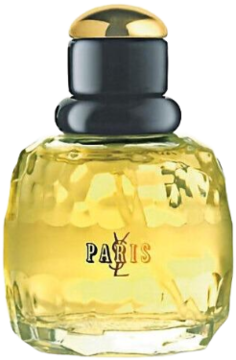 Yves Saint Laurent Paris woda perfumowana, żółta butelka z teksturowanego szkła, czarno-złota nakrętka, napis PARIS.