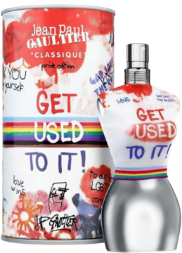 Jean Paul Gaultier Classique Pride Edition: flakon torsu i pudełko z napisem "GET USED TO IT!" i grafiką graffiti.