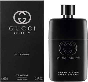 Czarny flakon i pudełko perfum Gucci Guilty Pour Homme EDP, stojące obok siebie, widok z przodu.