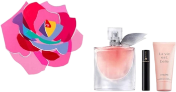 Zestaw Lancôme La Vie Est Belle: różowa woda perfumowana 50ml, balsam do ciała 50ml i czarny tusz Hypnose 2ml.