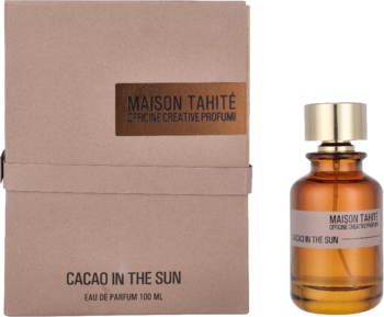 Maison Tahité Cacao In The Sun woda perfumowana: brązowe pudełko i butelka z etykietą, widok z przodu.