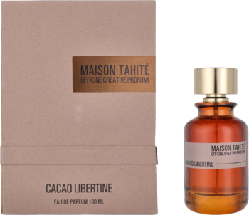 Brązowy flakon perfum Maison Tahité Cacao Libertine z złotym korkiem obok beżowego kartonika.