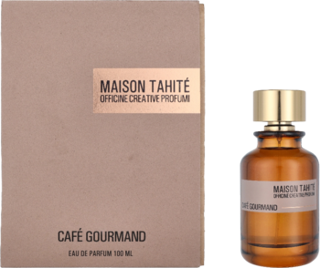 Woda perfumowana Maison Tahité Café Gourmand, beżowe pudełko i butelka ze złotą nakrętką, obok siebie.