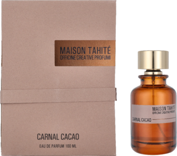 Maison Tahite Carnal Cacao EDP 100ml: brązowy karton i bursztynowa butelka z nutami kakaowca, widok przodem.