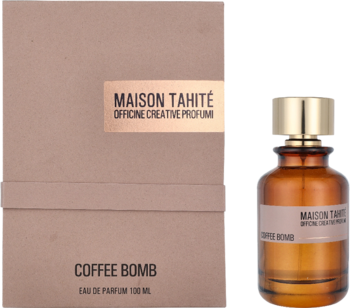 Perfumy Maison Tahité Coffee Bomb unisex EDP: brązowe pudełko i butelka z gold capem, obok siebie.