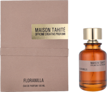 Maison Tahité Floranilla Eau de Parfum, bursztynowy flakon z złotą nakrętką i beżowe pudełko.