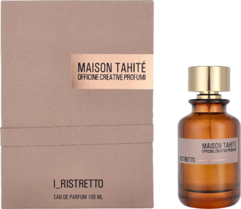 Perfumy Maison Tahité I Ristretto, bursztynowa butelka i brązowe pudełko 100ml, widok z przodu.