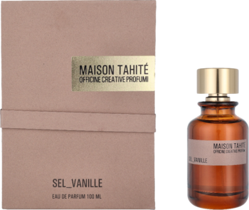 Woda perfumowana Maison Tahité Sel_Vanille, bursztynowa butelka i brązowe pudełko, widok z przodu.