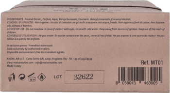 Tył brązowego opakowania perfum VaneXstasy Maison Tahité, z listą składników, kodem kreskowym i numerem partii.