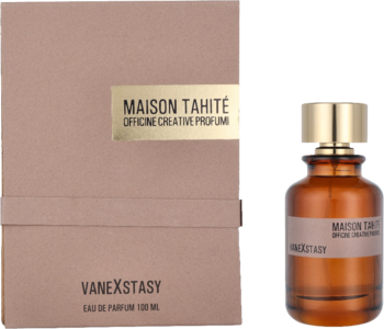 Maison Tahité VaneXstasy, brązowy flakon EDP 100ml i beżowe pudełko z etykietą, widok z przodu.