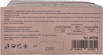 Tył brązowego kartonowego opakowania wody perfumowanej Vicious Cacao Maison Tahité z listą składników i kodem kreskowym.