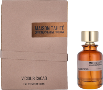 Woda perfumowana Vicious Cacao Maison Tahit&eacute;: bursztynowa butelka obok beżowego pudełka z nazwą produktu.