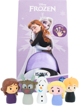 Kula do kąpieli Isana Kids Frozen, fioletowe pudełko z Elsą i Anną, obok 5 figurek z bajki: Olaf, Sven, Elsa.