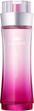 Lacoste Touch of Pink, flakon perfum o różowym gradiencie, srebrny pierścień, logo, widok z przodu.