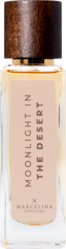 Perfumy Moonlight In The Desert Marcelina Zawadzka w szklanej butelce z beżową etykietą i brązową nakrętką.