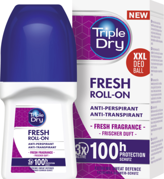 Triple Dry Fresh Roll-on, biały antyperspirant z niebieską nakrętką i fioletową etykietą, 100h ochrony, częściowo przed pudełkiem.