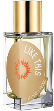 Perfumy Like This Etat Libre d'Orange, szklana butelka, złota nakrętka, jajowata etykieta, widok z przodu.
