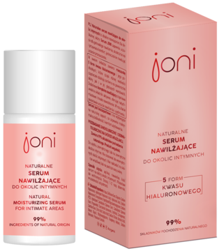 Joni naturalne serum nawilżające intymne: biała butelka i różowe pudełko, z 5 formami kwasu hialuronowego.