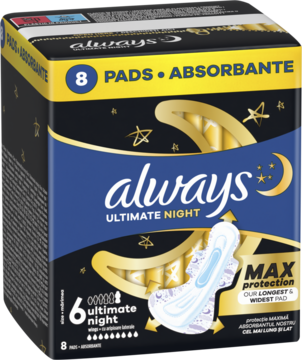 Opakowanie Always Ultimate Night, podpaski na noc rozmiar 6, ciemne z gwiazdami, widok z przodu, maksymalna ochrona.