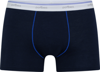 Granatowe bokserki męskie Pompea Stretch Cotton, przód. Miękka bawełna, biały pas z napisem Pompea, niebieskie obszycia.