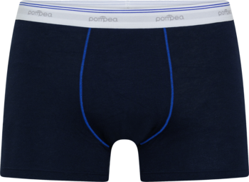 Granatowe bokserki męskie Pompea Stretch Cotton, widok z przodu. Biały pas z logo, niebieskie obszycie.