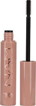 NAM Styling Brow Mascara w beżowym opakowaniu, otwarte, z czarną szczoteczką, 95% naturalnych składników.