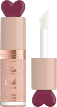 Stars from The Stars Blanket Lip Oil Cozy Nude, serduszkowy korek, widok na zamkniętą butelkę i otwarty aplikator.