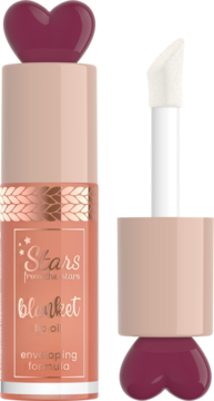 Olejek do ust Stars from The Stars Blanket Warm Delight. Brzoskwiniowy flakon z sercem i widok aplikatora.