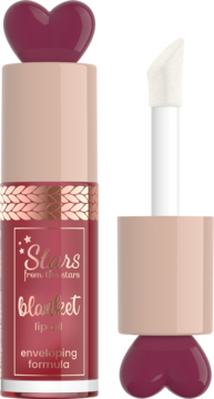 Stars from The Stars Blanket Burgundy Bliss olejek do ust. Butelka z serduszkiem i aplikatorem, otwarte opakowanie.