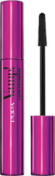 Metaliczny fuksjowy tusz Pupa Vamp! Lash Extender z otwartą butelką i czarną szczoteczką.