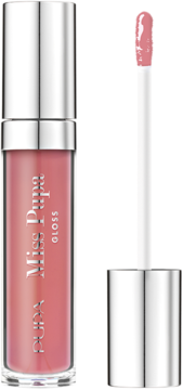 Różowy błyszczyk Miss Pupa Gloss 402 Blossom Pink, butelka i aplikator z żelem obok.