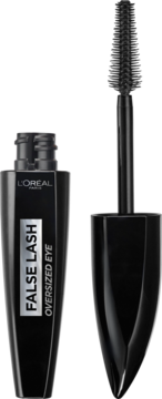 Otwarta czarna maskara L'Oréal False Lash Oversized Eye z widoczną spiralną szczoteczką do rzęs.