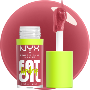 NYX Fat Oil Lip Drip w odcieniu Chillin' Like A Villian, otwarta buteleczka z neonowo-żółtym korkiem i różowym aplikatorem.